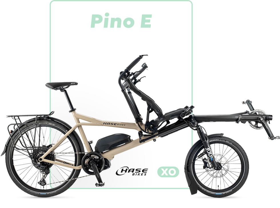 Das Tandem Pino E von Hase Bikes, weiß lackiert mit Shimano E-Antrieb